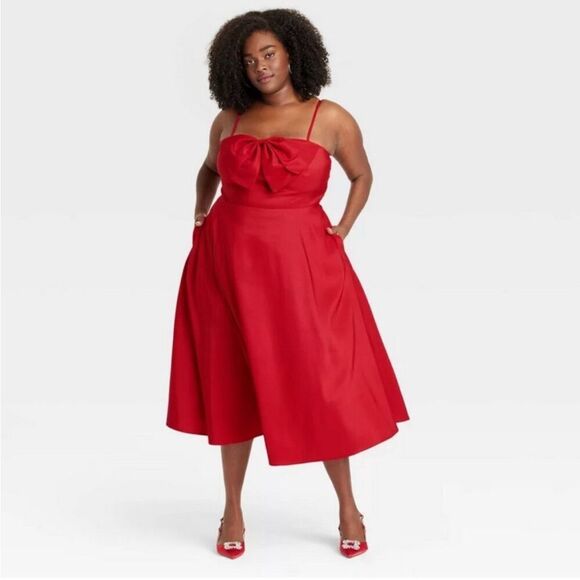A New Day Bow Midi Red Dress size 16 - Picture 1 of 14
